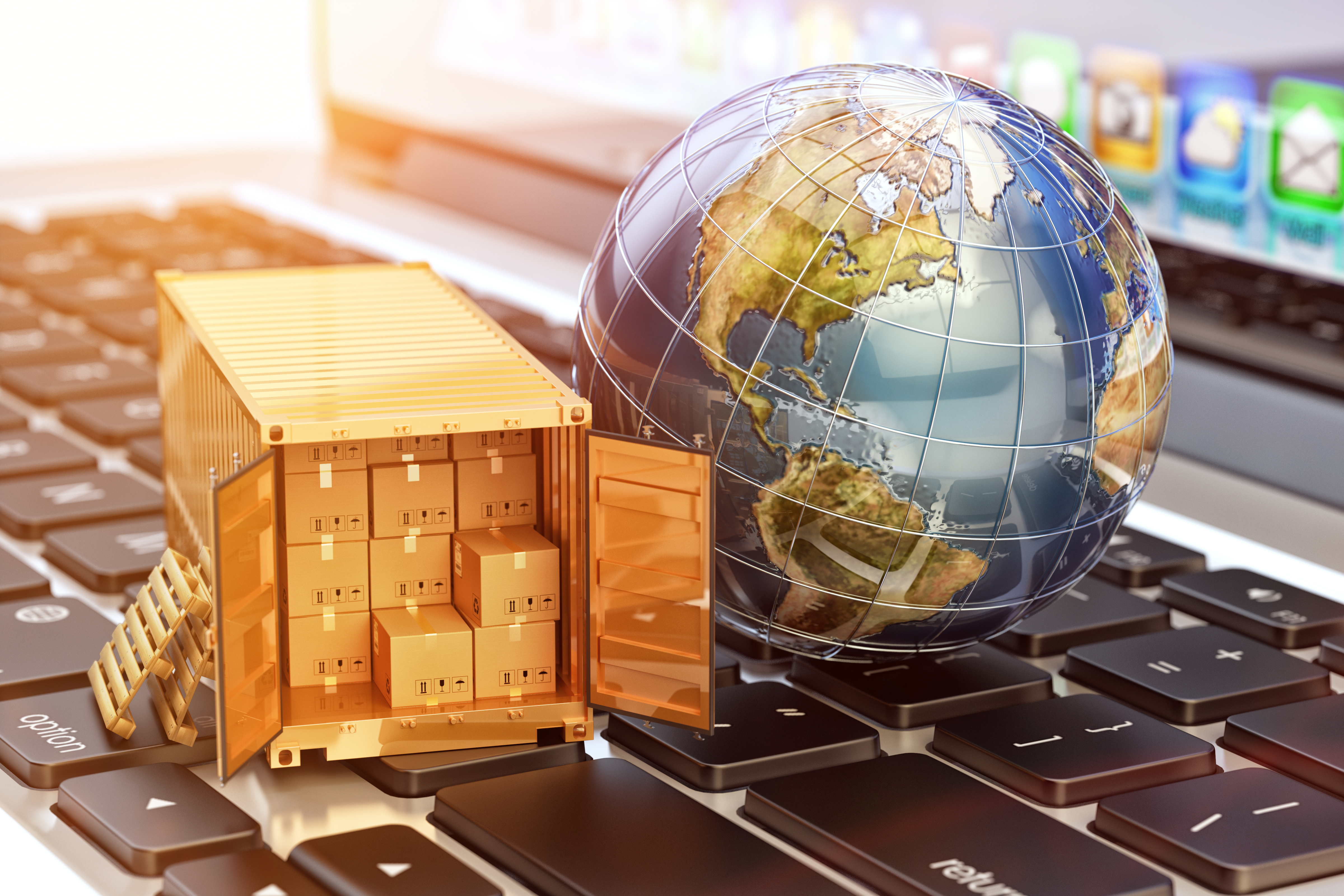 Global freight transportation business, cargo container with cardboard boxes and Earth globe on laptop